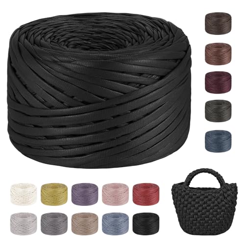 LEREATI 200g/90m Textilgarn zum Häkeln für Körbe, Einseitiger Leder-Look Tshirt Garn zum Häkeln & Stricken, T-shirt Garn Bändchengarn Häkelgarn für Taschen Teppiche DIY Deko (Schwarz) von LEREATI