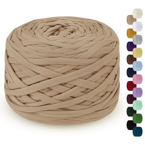 LEREATI 285g T-Shirt Garn, Textilgarn zum Häkeln für Körbe Bändchengarn Polyester Rope Garn zum Häkeln, T Shirt Garn zum Häkeln Häkelkorb Taschen Teppiche Wandbehang Makramee (Khaki), 2.2cm x 100m von LEREATI