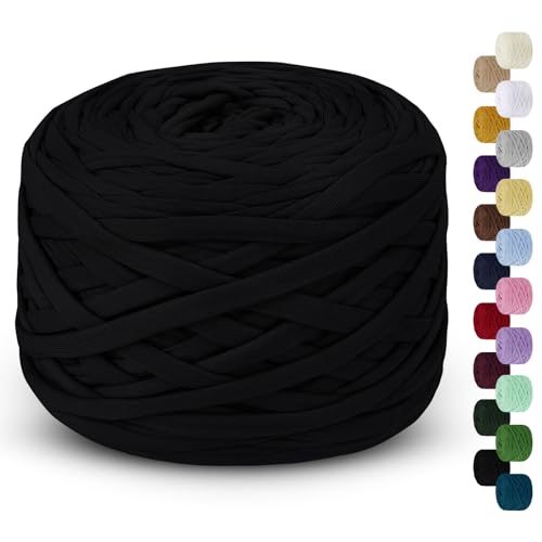 LEREATI 285g T-Shirt Garn zum Häkeln für Körbe, Bändchengarn Polyester Rope, Textilgarn für Häkelkorb Taschen Teppiche Wandbehang Makramee (Schwarz) von LEREATI