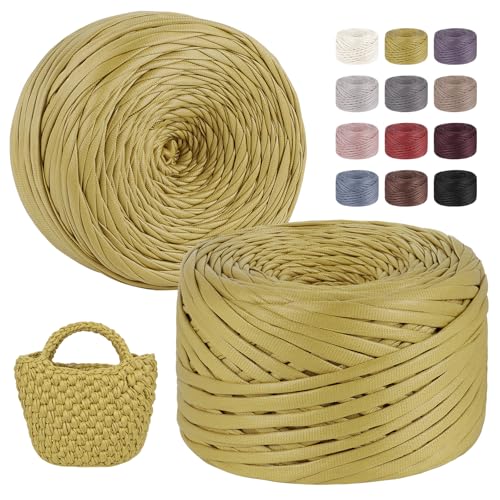 LEREATI 2x200g/2x90m Textilgarn zum Häkeln für Körbe, Einseitiger Leder-Look Tshirt Garn zum Häkeln & Stricken, T-shirt Garn Bändchengarn Häkelgarn für Taschen Teppiche DIY Deko (Erdgelb) von LEREATI