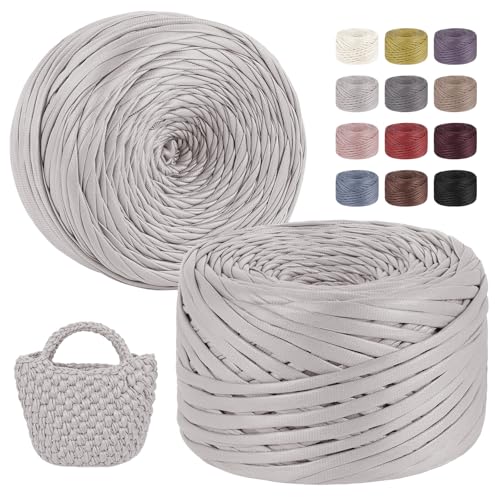 LEREATI 2x200g/2x90m Textilgarn zum Häkeln für Körbe, Einseitiger Leder-Look Tshirt Garn zum Häkeln & Stricken, T-shirt Garn Bändchengarn Häkelgarn für Taschen Teppiche DIY Deko (Hanf Grau) von LEREATI
