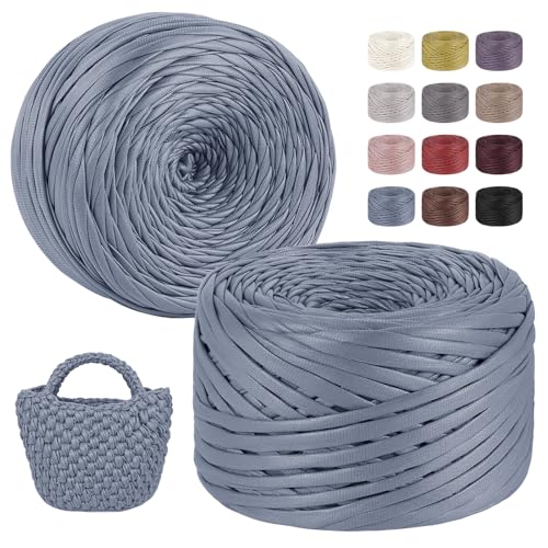 LEREATI 2x200g/2x90m Textilgarn zum Häkeln für Körbe, Einseitiger Leder-Look Tshirt Garn zum Häkeln & Stricken, T-shirt Garn Bändchengarn Häkelgarn für Taschen Teppiche DIY Deko (Haze Blau) von LEREATI