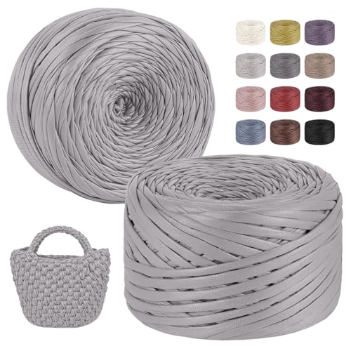 LEREATI 2x200g/2x90m Textilgarn zum Häkeln für Körbe, Einseitiger Leder-Look Tshirt Garn zum Häkeln & Stricken, T-shirt Garn Bändchengarn Häkelgarn für Taschen Teppiche DIY Deko (Hellgrau) von LEREATI