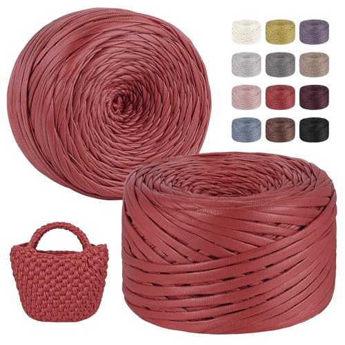 LEREATI 2x200g/2x90m Textilgarn zum Häkeln für Körbe, Einseitiger Leder-Look Tshirt Garn zum Häkeln & Stricken, T-shirt Garn Bändchengarn Häkelgarn für Taschen Teppiche DIY Deko (Rot) von LEREATI