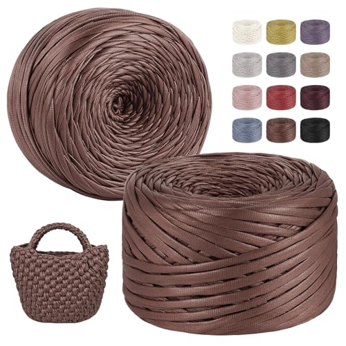 LEREATI 2x200g/2x90m Textilgarn zum Häkeln für Körbe, Einseitiger Leder-Look Tshirt Garn zum Häkeln & Stricken, T-shirt Garn Bändchengarn Häkelgarn für Taschen Teppiche DIY Deko (Rot Braun) von LEREATI