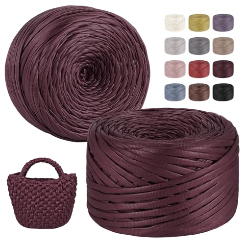 LEREATI 2x200g/2x90m Textilgarn zum Häkeln für Körbe, Einseitiger Leder-Look Tshirt Garn zum Häkeln & Stricken, T-shirt Garn Bändchengarn Häkelgarn für Taschen Teppiche DIY Deko (Weinrot) von LEREATI