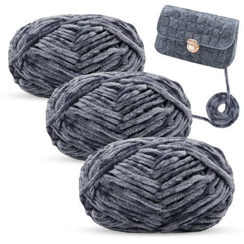 LEREATI 3x100g Chenille Wolle zum Häkeln Samt Wolle Weich Chenille Garn Fluffy Häkelgarn, Dicke Velvet Wolle zum Stricken & Häkeln Decke, Tasche, Socke, Mütze, Schal (Dunkelgrau) von LEREATI