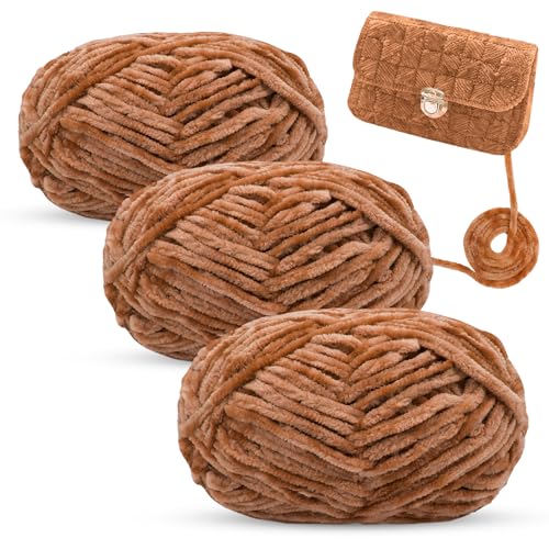 LEREATI 3x100g Chenille Wolle zum Häkeln Samt Wolle Weich Chenille Garn Fluffy Häkelgarn, Dicke Velvet Wolle zum Stricken & Häkeln Decke, Tasche, Socke, Mütze, Schal (Khaki) von LEREATI