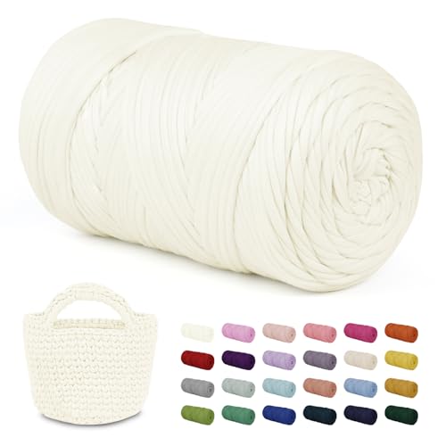 LEREATI 400g Textilgarn zum Häkeln für Körbe, Tshirt Garn zum Häkeln, Dickes Bändchengarn Ribbon T Shirt Yarn, Häkelgarn für Taschen, Häkeltaschen, Decken, Heimdekoration (Creme-Weiß) von LEREATI