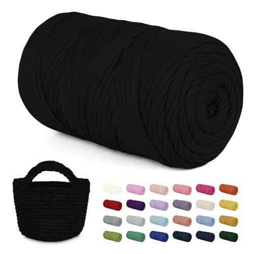 LEREATI 400g Textilgarn zum Häkeln für Körbe, Tshirt Garn zum Häkeln, Dickes Bändchengarn Ribbon T Shirt Yarn, Häkelgarn für Taschen, Häkeltaschen, Decken, Heimdekoration (Schwarz) von LEREATI