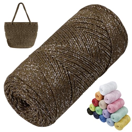LEREATI Glitzer Makramee Garn 1.5mm x 280m Polyester Garn für Häkeln & Stricken, Baumwollgarn Häkelgarn für Taschen, Körbe, Hängepflanze, Wandbehang, DIY Handwerk (Braun) von LEREATI