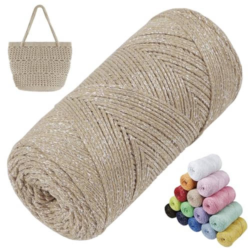 LEREATI Glitzer Makramee Garn 1.5mm x 280m Polyester Garn für Häkeln & Stricken, Baumwollgarn Häkelgarn für Taschen, Körbe, Hängepflanze, Wandbehang, DIY Handwerk (Cremekaffee) von LEREATI