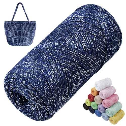 LEREATI Glitzer Makramee Garn 1.5mm x 280m Polyester Garn für Häkeln & Stricken, Baumwollgarn Häkelgarn für Taschen, Körbe, Hängepflanze, Wandbehang, DIY Handwerk (Dunkelblau) von LEREATI