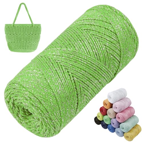 LEREATI Glitzer Makramee Garn 1.5mm x 280m Polyester Garn für Häkeln & Stricken, Baumwollgarn Häkelgarn für Taschen, Körbe, Hängepflanze, Wandbehang, DIY Handwerk (Fruchtgrün) von LEREATI