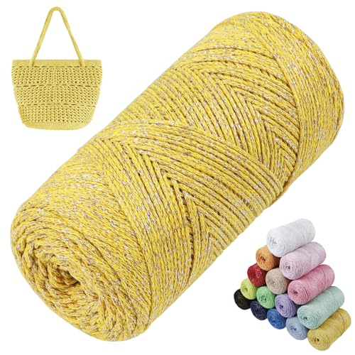 LEREATI Glitzer Makramee Garn 1.5mm x 280m Polyester Garn für Häkeln & Stricken, Baumwollgarn Häkelgarn für Taschen, Körbe, Hängepflanze, Wandbehang, DIY Handwerk (Gelb) von LEREATI