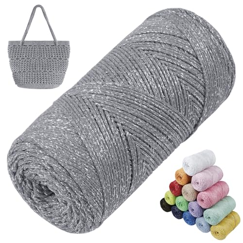 LEREATI Glitzer Makramee Garn 1.5mm x 280m Polyester Garn für Häkeln & Stricken, Baumwollgarn Häkelgarn für Taschen, Körbe, Hängepflanze, Wandbehang, DIY Handwerk (Grau) von LEREATI
