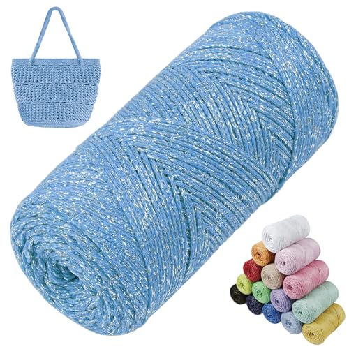 LEREATI Glitzer Makramee Garn 1.5mm x 280m Polyester Garn für Häkeln & Stricken, Baumwollgarn Häkelgarn für Taschen, Körbe, Hängepflanze, Wandbehang, DIY Handwerk (Himmelblau) von LEREATI