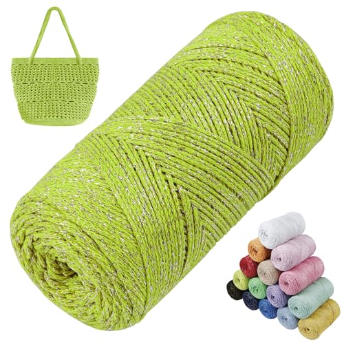 LEREATI Glitzer Makramee Garn 1.5mm x 280m Polyester Garn für Häkeln & Stricken, Baumwollgarn Häkelgarn für Taschen, Körbe, Hängepflanze, Wandbehang, DIY Handwerk (Olivgrün) von LEREATI