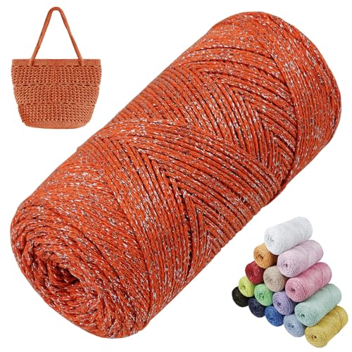 LEREATI Glitzer Makramee Garn 1.5mm x 280m Polyester Garn für Häkeln & Stricken, Baumwollgarn Häkelgarn für Taschen, Körbe, Hängepflanze, Wandbehang, DIY Handwerk (Orange) von LEREATI