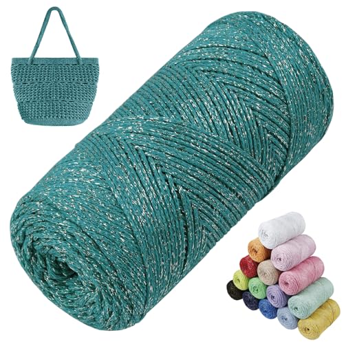 LEREATI Glitzer Makramee Garn 1.5mm x 280m Polyester Garn für Häkeln & Stricken, Baumwollgarn Häkelgarn für Taschen, Körbe, Hängepflanze, Wandbehang, DIY Handwerk (Pfauengrün) von LEREATI