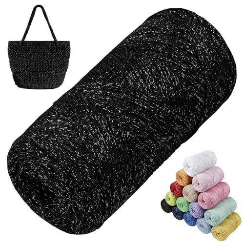LEREATI Glitzer Makramee Garn 1.5mm x 280m Polyester Garn für Häkeln & Stricken, Baumwollgarn Häkelgarn für Taschen, Körbe, Hängepflanze, Wandbehang, DIY Handwerk (Schwarz) von LEREATI