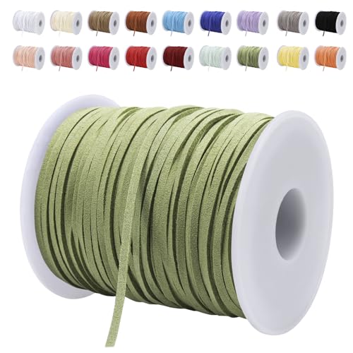 LEREATI Lederband 3mm x 45m Lederschnur Flache Faux Wildleder Schnur Lederbänder Lederkordel, Leder Schnur für DIY, Armband, Halskette, Schmuck, Handwerk (Fruchtgrün) von LEREATI