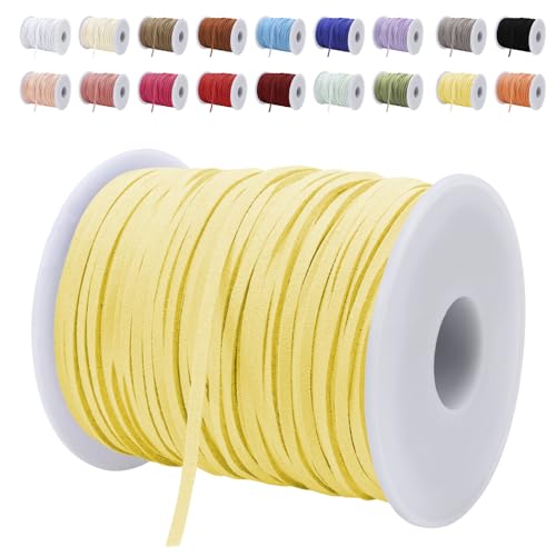 LEREATI Lederband 3mm x 45m Lederschnur Flache Faux Wildleder Schnur Lederbänder Lederkordel, Leder Schnur für DIY, Armband, Halskette, Schmuck, Handwerk (Gelb) von LEREATI