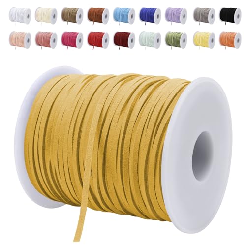 LEREATI Lederband 3mm x 45m Lederschnur Flache Faux Wildleder Schnur Lederbänder Lederkordel, Leder Schnur für DIY, Armband, Halskette, Schmuck, Handwerk (Herbstgelb) von LEREATI