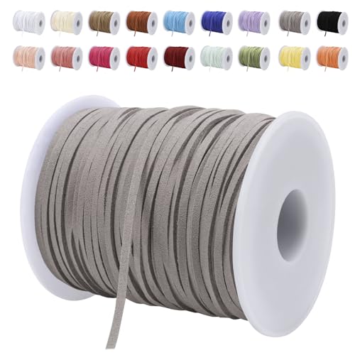 LEREATI Lederband 3mm x 45m Lederschnur Flache Faux Wildleder Schnur Lederbänder Lederkordel, Leder Schnur für DIY, Armband, Halskette, Schmuck, Handwerk (Silber-Grau) von LEREATI