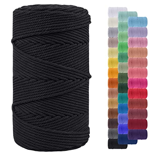 LEREATI Makramee Garn 4mm 200m Baumwollgarn Farbig Baumwollkordel Baumwollseil Baumwollschnur, Macrame Cord, Makramee-Garn Geflochten für DIY Basteln Wandbehang Hängepflanze Deko (Schwarz) von LEREATI