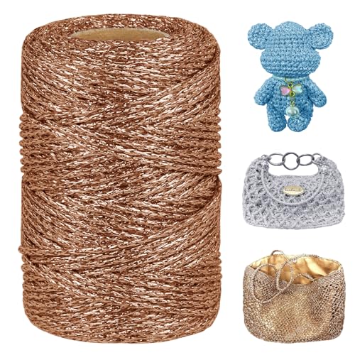 LEREATI Metallic Häkelgarn 3mm x 100m Makramee Garn zum Häkeln & Stricken Glitzergarn Polyester Garn für Handtaschen Hut Korb Häkeln, DIY Bastelarbeiten (Kupfer) von LEREATI