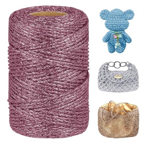 LEREATI Metallic Häkelgarn 3mm x 100m Makramee Garn zum Häkeln & Stricken Glitzergarn Polyester Garn für Handtaschen Hut Korb Häkeln, DIY Bastelarbeiten (Rosenrosa) von LEREATI