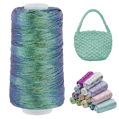 LEREATI Metallic Häkelgarn für Taschen, Makramee Garn 1mm x 475m Polyester Glitzergarn, Häkelgarn zum Häkeln Taschen, Körbe, Hut, Dekoration, DIY Bastelarbeiten (Blau Grün) von LEREATI