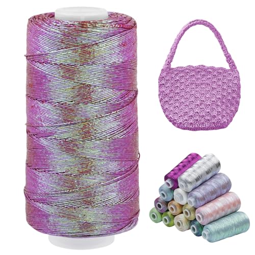 LEREATI Metallic Häkelgarn für Taschen, Makramee Garn 1mm x 475m Polyester Glitzergarn, Häkelgarn zum Häkeln Taschen, Körbe, Hut, Dekoration, DIY Bastelarbeiten (Violett Rosa) von LEREATI