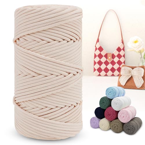 LEREATI Polyester Garn 150m Makramee Garn 4mm Geflochten Polyester-Seil Farbig Häkelgarn, Macrame Cord 4mm für Häkeltasche Umhängetasche Handtasche Geschenk Strickwaren (Mittel-Aprikose) von LEREATI