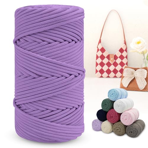 LEREATI Polyester Garn 150m Makramee Garn 4mm Geflochten Polyester-Seil Farbig Häkelgarn, Macrame Cord 4mm für Häkeltasche Umhängetasche Handtasche Geschenk Strickwaren (Violett) von LEREATI