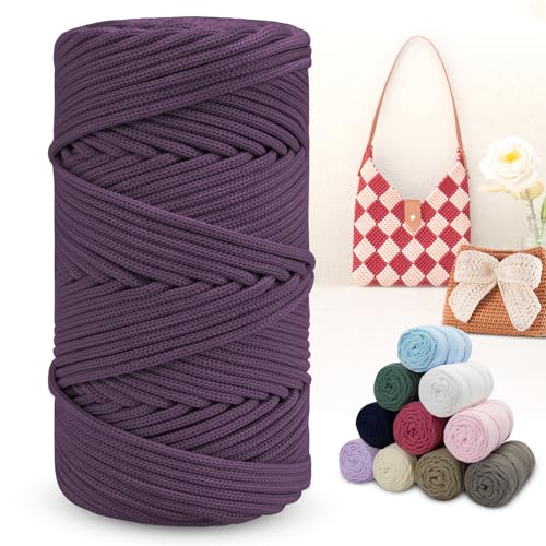 LEREATI Polyester Garn 150m Makramee Garn 4mm Geflochten Polyester-Seil Farbig Häkelgarn, Polyester Macrame Cord 4mm für Häkeltasche Umhängetasche Handtasche Geschenk Strickwaren (Rot-Violett) von LEREATI