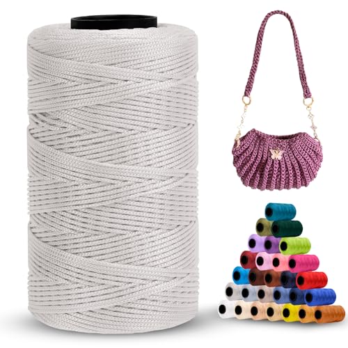 LEREATI Polyester Garn 1mm x 230m Makramee Garn 1mm Baumwollgarn Polyester Macrame Cord Polyester-Seil Baumwollkordel für Handtasche, Umhängetasche, Häkeltasche, Strickwaren (Hellgrau) von LEREATI