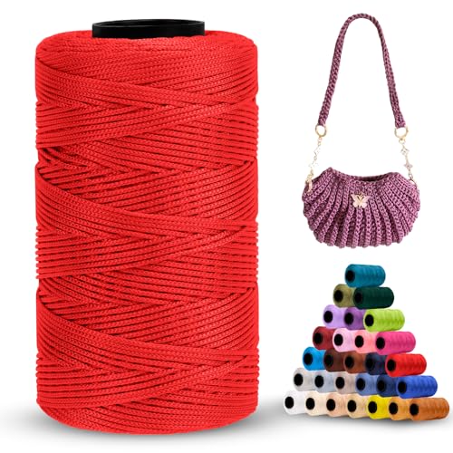 LEREATI Polyester Garn 1mm x 230m Makramee Garn 1mm Baumwollgarn Polyester Macrame Cord Polyester-Seil Baumwollkordel für Handtasche, Umhängetasche, Häkeltasche, Strickwaren (Rot) von LEREATI