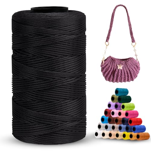 LEREATI Polyester Garn 1mm x 230m Makramee Garn 1mm Baumwollgarn Polyester Macrame Cord Polyester-Seil Baumwollkordel für Handtasche, Umhängetasche, Häkeltasche, Strickwaren (Schwarz) von LEREATI