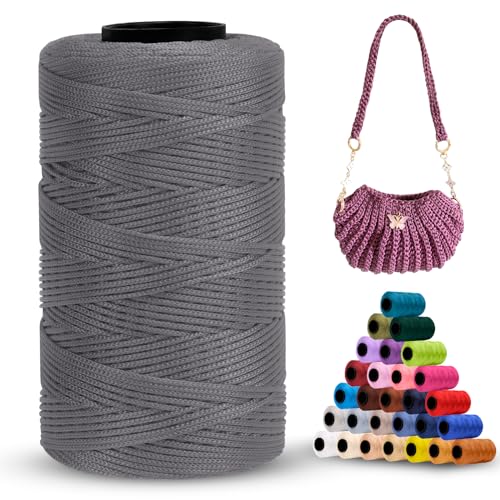 LEREATI Polyester Garn 1mm x 230m Makramee Garn 1mm Baumwollgarn Polyester Macrame Cord Polyester-Seil Baumwollkordel für Handtasche, Umhängetasche, Häkeltasche, Strickwaren (Schwarz Grau) von LEREATI