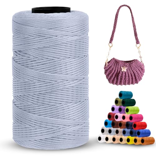 LEREATI Polyester Garn 1mm x 230m Makramee Garn 1mm Baumwollgarn Polyester Macrame Cord Polyester-Seil Baumwollkordel für Handtasche, Umhängetasche, Häkeltasche, Strickwaren (Silber-Grau) von LEREATI