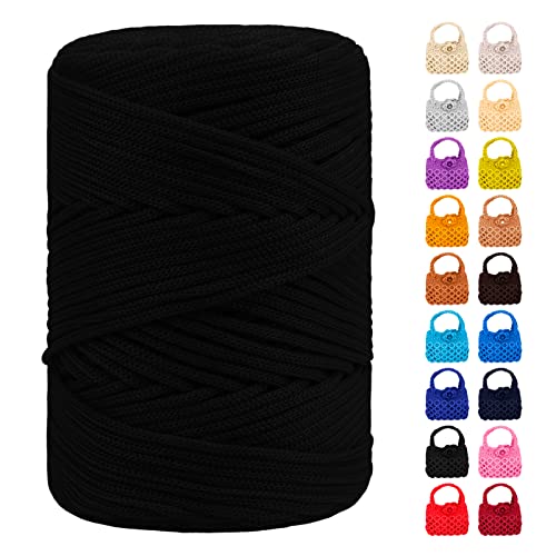 LEREATI Polyester Garn 3mm x 170m, Makramee Garn 3mm Geflochten Makramee Schnur Bunt, Macrame Cord 3mm Farbig für Geschenk, Häkeltasche, Umhängetasche, Platzteller, Wohndekorationen (Schwarz) von LEREATI
