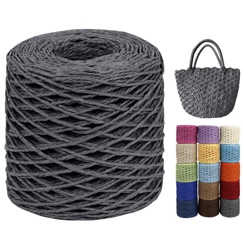 LEREATI Raffia Garn zum Häkeln von Taschen, 2mm x 200m Rund Papierdraht Bast Band Natur Paketschnur Papiergarn Raffia Bast zum Häkeln Handtasche, Körbe, Hüte, Geschenkverpackung (Dunkelgrau) von LEREATI