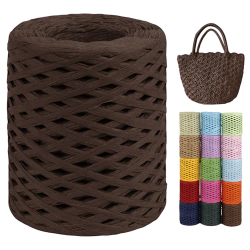 LEREATI Raffia Garn zum Häkeln von Taschen, 3mm x 200m Flach Papierdraht Bast Band Natur Paketschnur Papiergarn Raffia Bast zum Häkeln Handtasche, Körbe, Hüte, Geschenkverpackung (Kaffee) von LEREATI