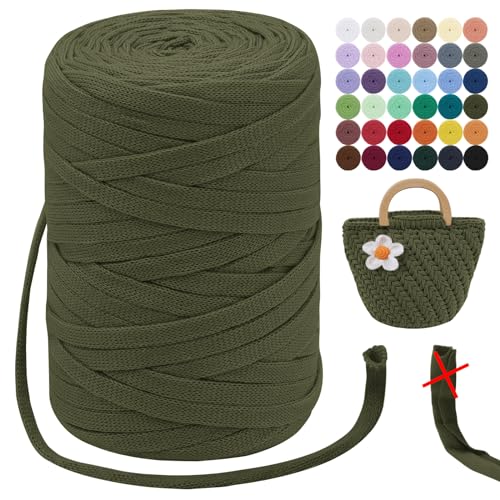 LEREATI T-Shirt Garn 7mm Zum Häkeln für Körbe 100m / 250g Bändchengarn Makramee Häkelgarn Stoff Dickes Textilgarn für Taschen Korb Decke, Heimdekoration (Armeegrün) von LEREATI