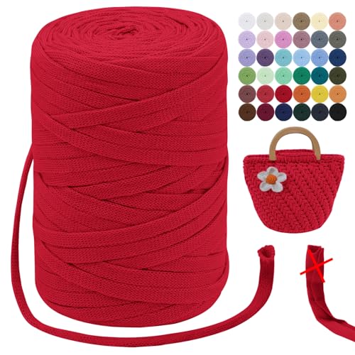 LEREATI T-Shirt Garn 7mm Textilgarn zum Häkeln für Körbe 100m / 250g Bändchengarn Makramee Häkelgarn Stoff Dickes Garn für Taschen Korb Decke, Heimdekoration (Rot) von LEREATI