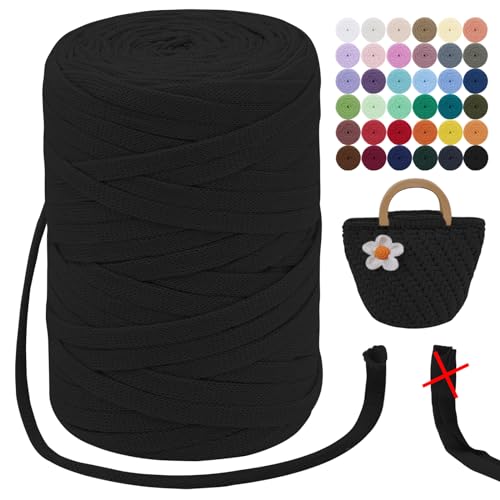 LEREATI T-Shirt Garn 7mm Zum Häkeln für Körbe 100m / 250g Bändchengarn Makramee Häkelgarn Stoff Dickes Textilgarn für Taschen Korb Decke, Heimdekoration (Schwarz) von LEREATI