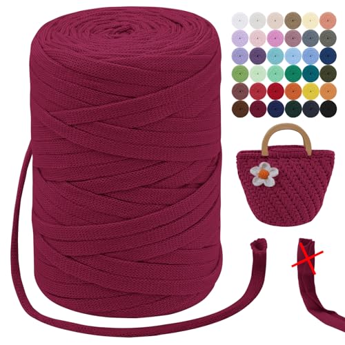 LEREATI T-Shirt Garn 7mm Textilgarn zum Häkeln für Körbe 100m / 250g Bändchengarn Makramee Häkelgarn Stoff Dickes Garn für Taschen Korb Decke, Heimdekoration (Weinrot) von LEREATI