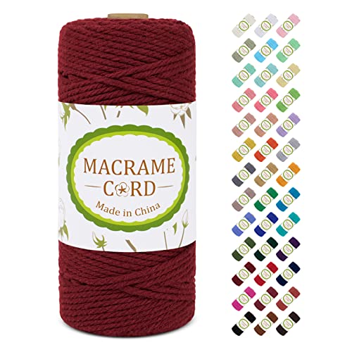 Makramee Garn 3mm x 100m, LEREATI Macrame Cord 3mm Baumwollgarn Baumwollschnur Baumwollkordel Baumwollseil, Makramee-Garn Geflochten für DIY Basteln Wandbehang Hängepflanze Vorhang (Weinrot) von LEREATI
